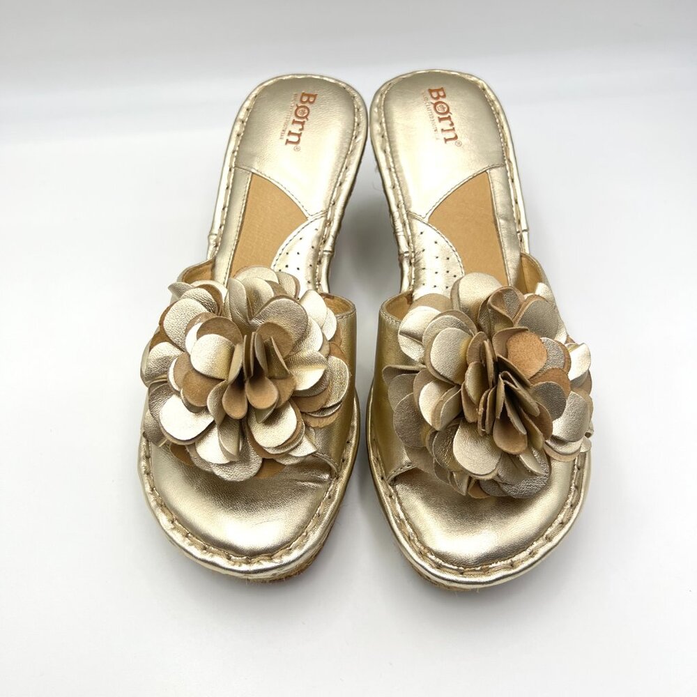 Born Womens Gold Leather Floral Flower Wedges Sandals Mules Shoes - Picture 2 of 16